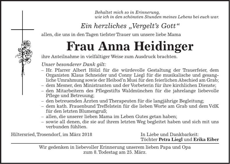 Traueranzeige Anna Heidinger