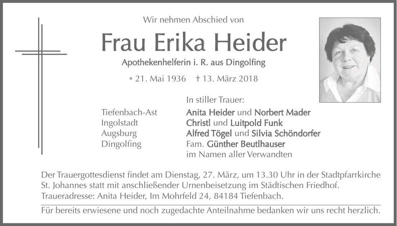 Traueranzeige Erika Heider