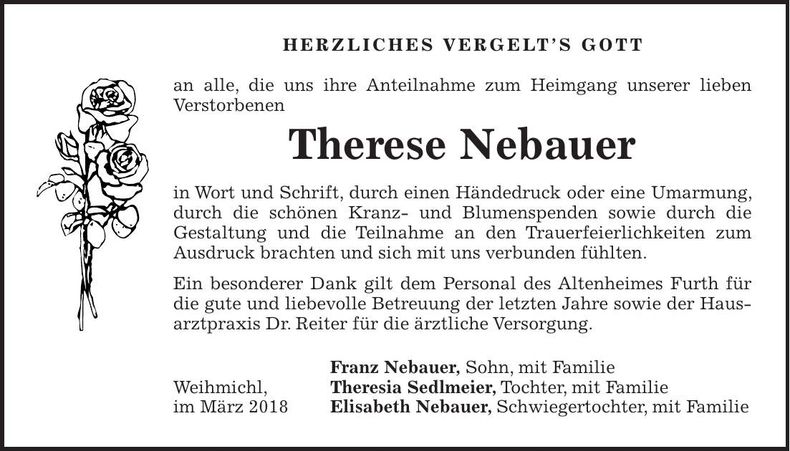 Traueranzeige Therese Nebauer
