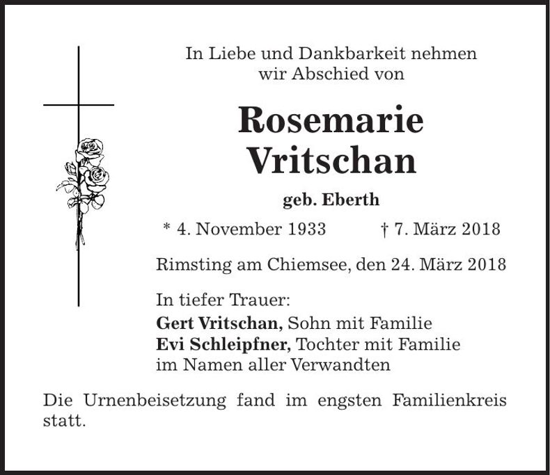 Traueranzeige Rosemarie Vritschan