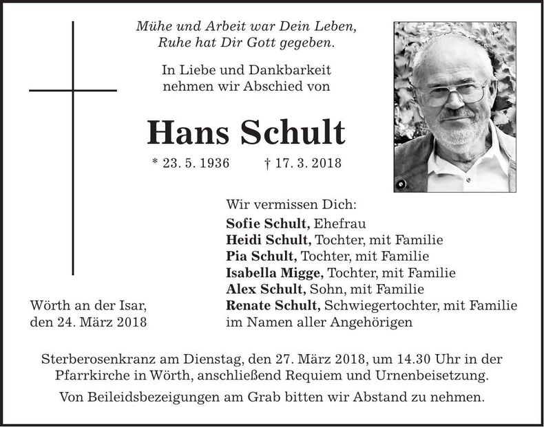 Traueranzeige Hans Schult