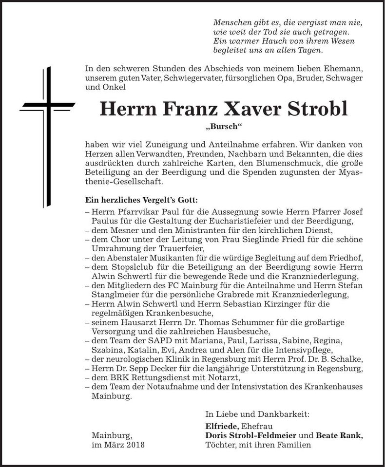 Traueranzeige Franz Xaver Strobl
