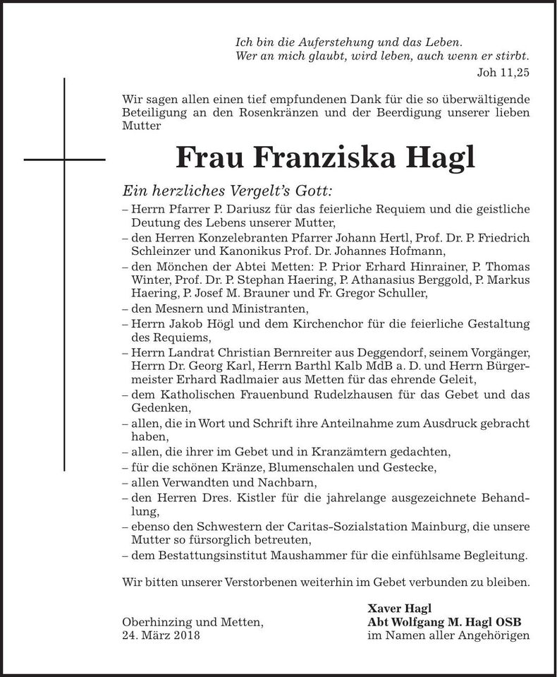 Traueranzeige Franziska Hagl