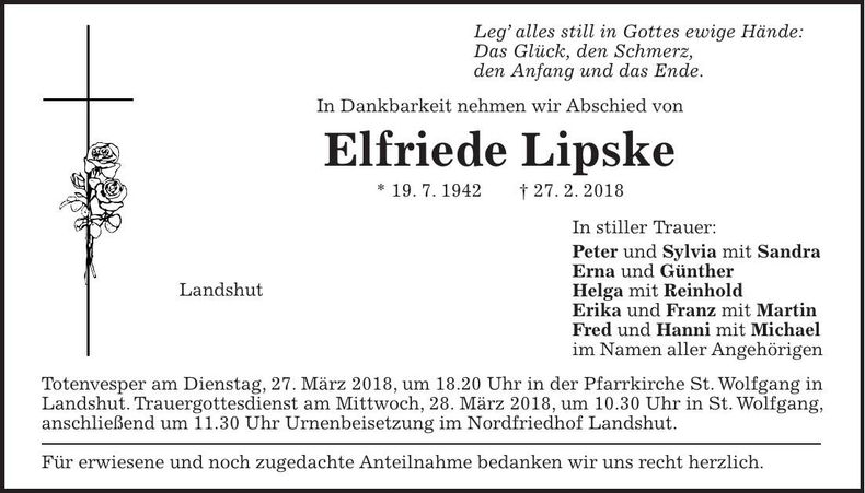Traueranzeige Elfriede Lipske