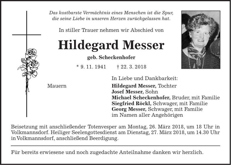 Traueranzeige Hildegard Messer