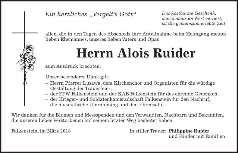 Traueranzeige Alois Ruider