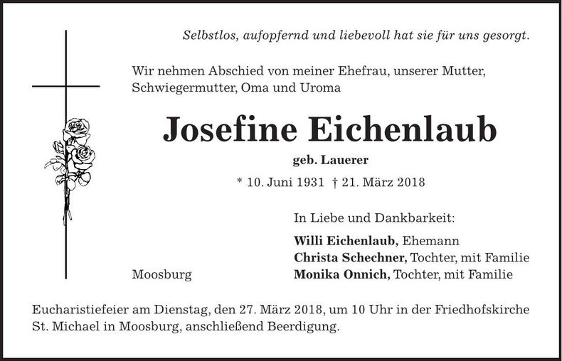 Traueranzeige Josefine Eichenlaub