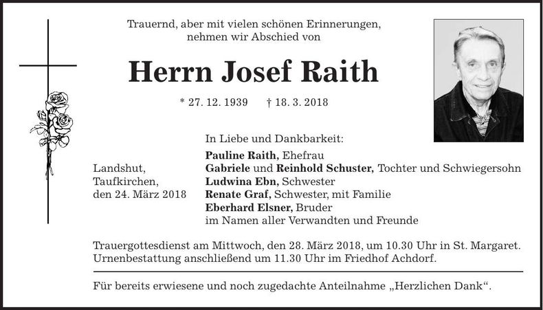 Traueranzeige Josef Raith