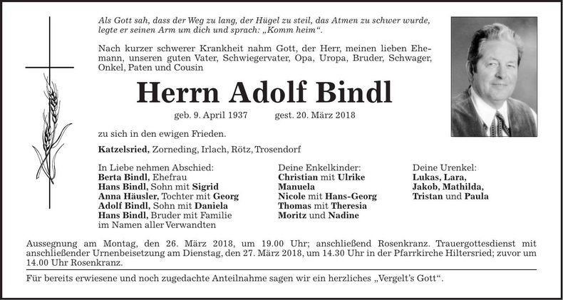 Traueranzeige Adolf Bindl