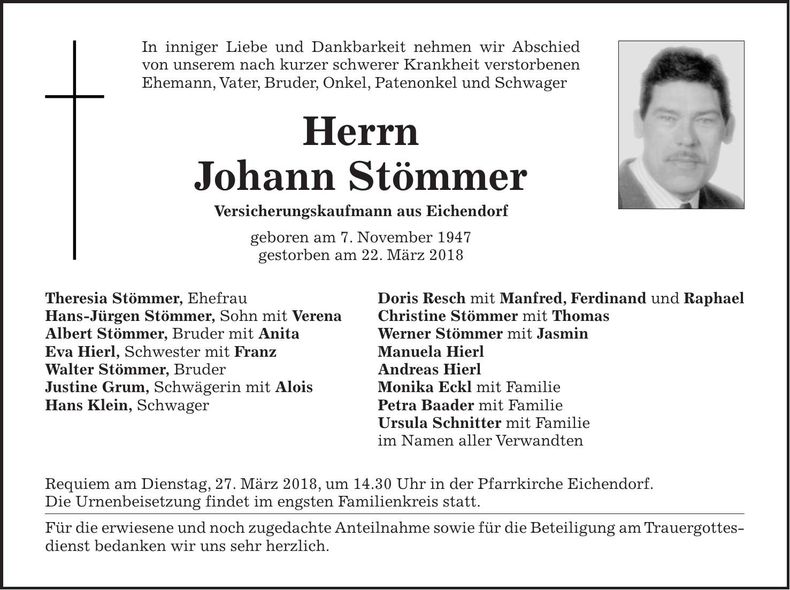 Traueranzeige Johann Stömmer