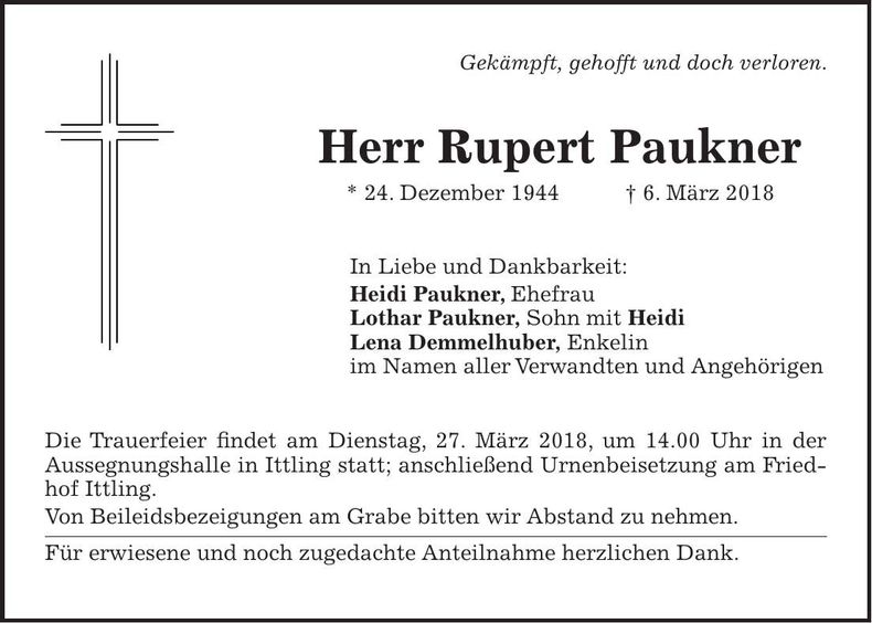 Traueranzeige Rupert Paukner