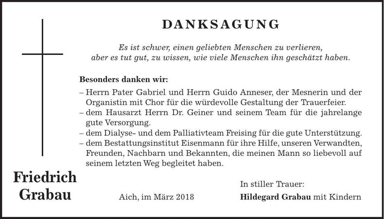 Traueranzeige Friedrich Grabau