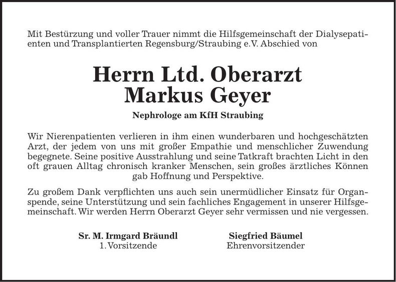 Traueranzeige Markus Geyer
