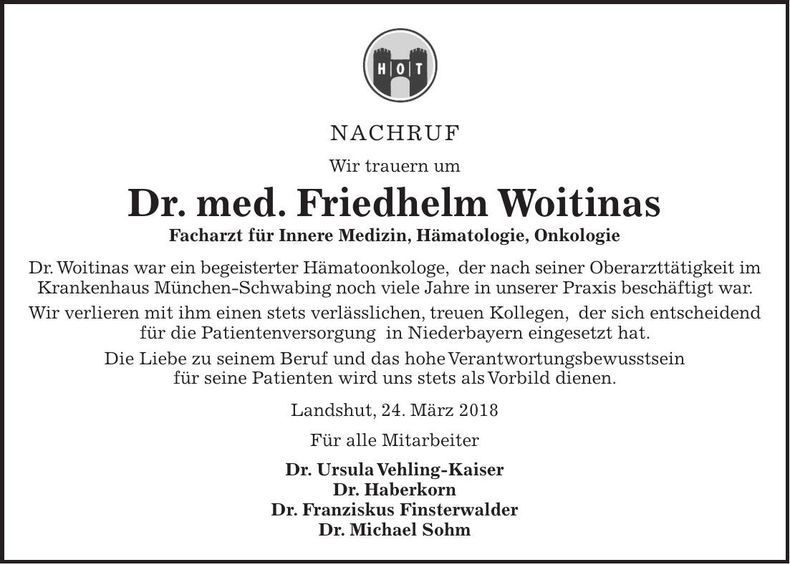 Traueranzeige Friedhelm Woitinas