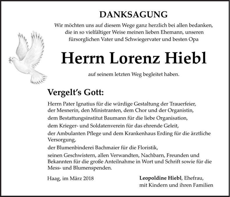 Traueranzeige Lorenz Hiebl