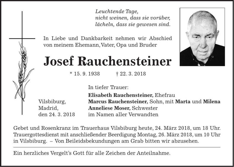 Traueranzeige Josef Rauchensteiner