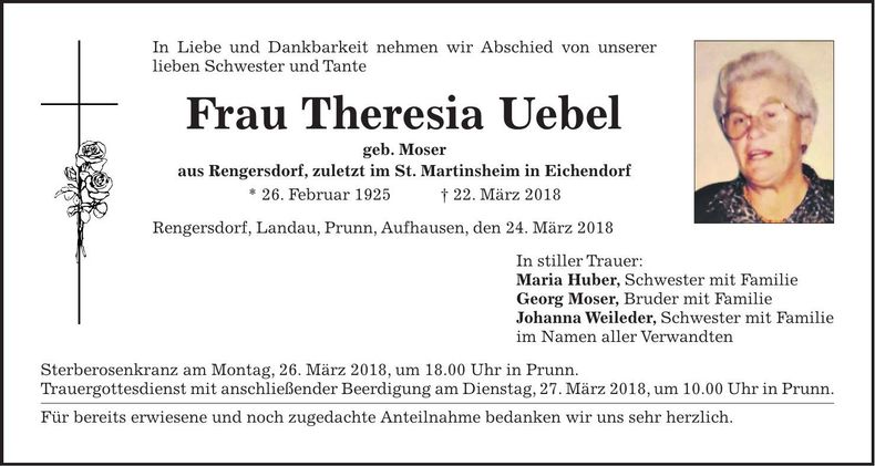 Traueranzeige Theresia Uebel