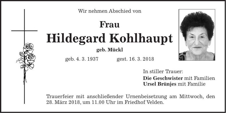 Traueranzeige Hildegard Kohlhaupt