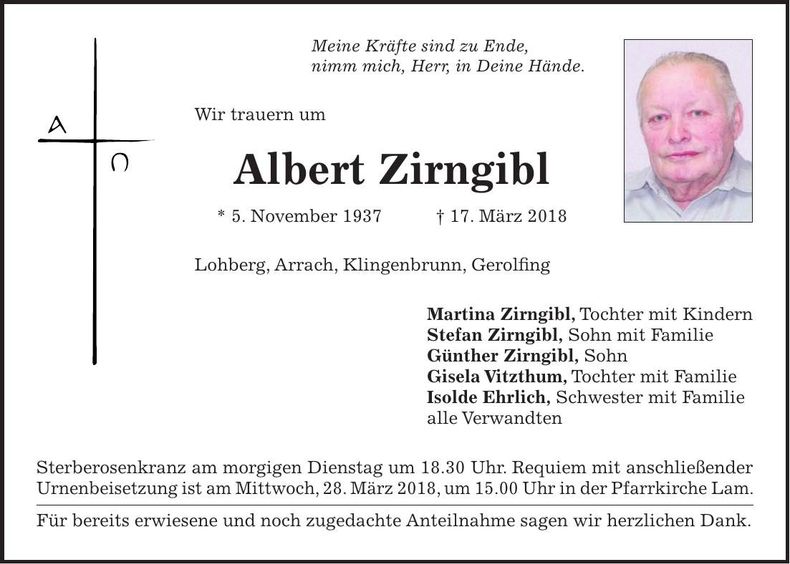 Traueranzeige Albert Zirngibl