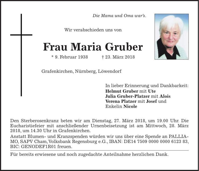 Traueranzeige Maria Gruber