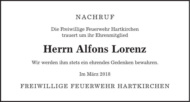 Traueranzeige Alfons Lorenz