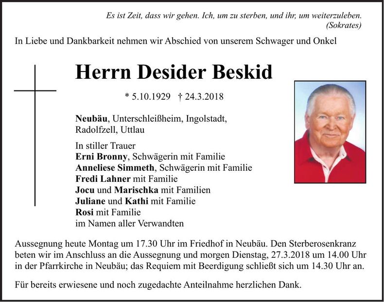 Traueranzeige Desider Beskid