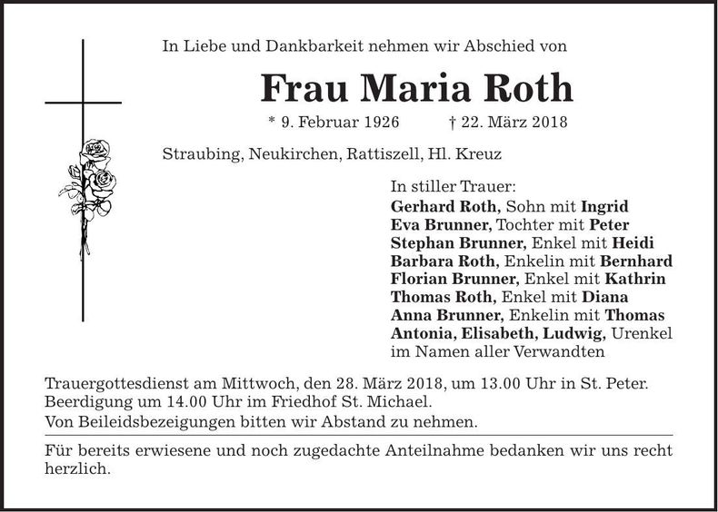 Traueranzeige Maria Roth