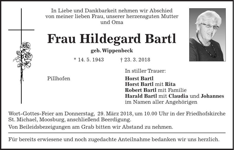 Traueranzeige Hildegard Bartl