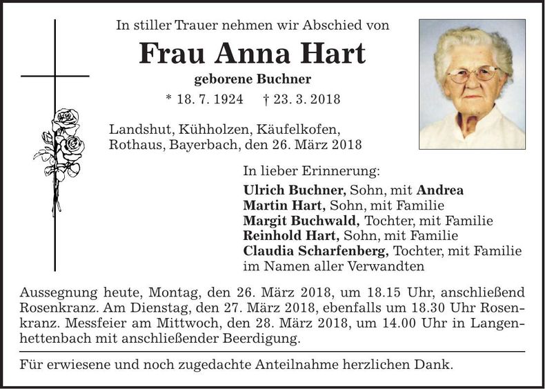 Traueranzeige Anna Hart