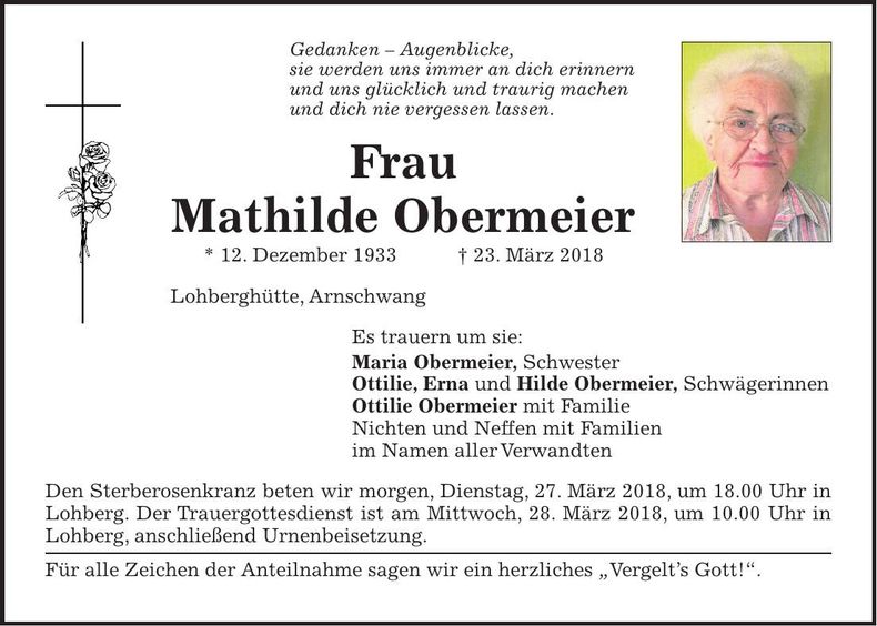 Traueranzeige Mathilde Obermeier