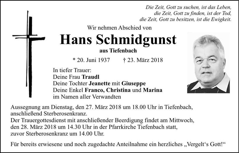 Traueranzeige Hans Schmidgunst