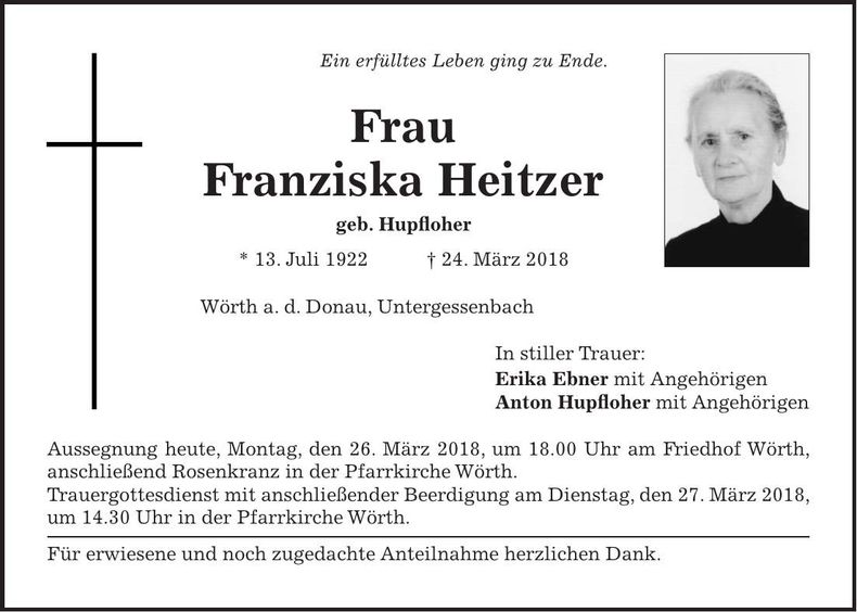 Traueranzeige Franziska Heitzer