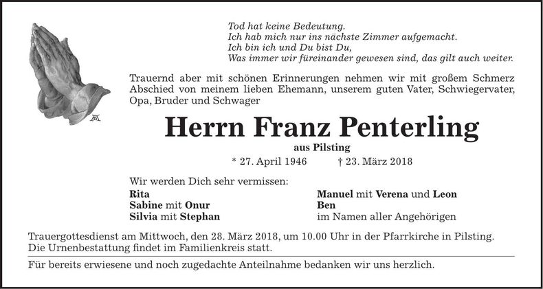 Traueranzeige Franz Penterling