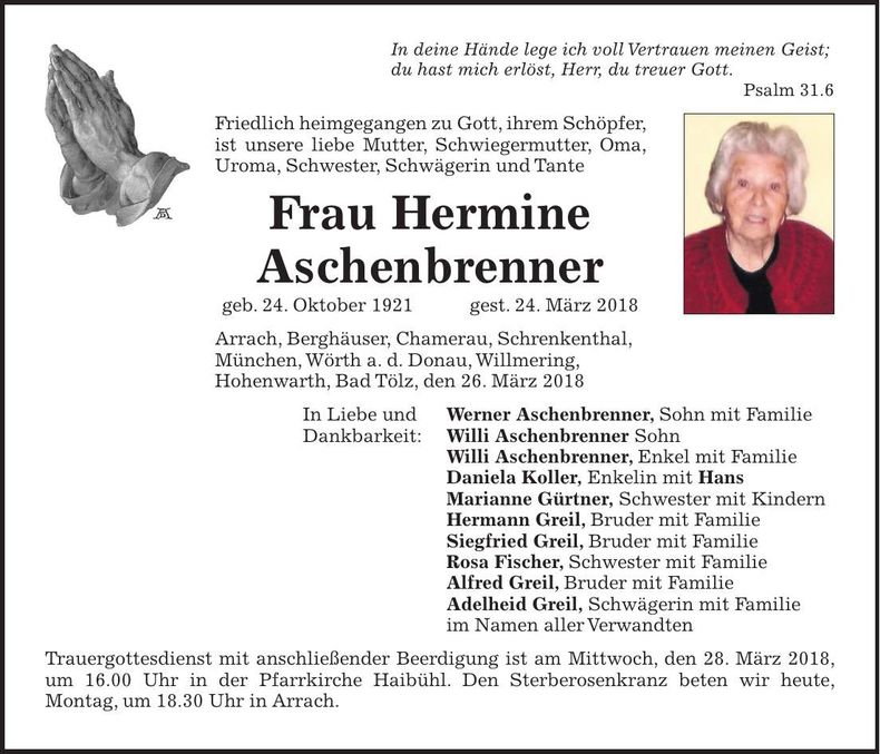 Traueranzeige Hermine Aschenbrenner