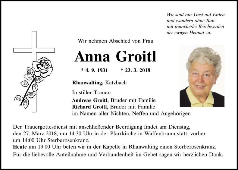 Traueranzeige Anna Groitl