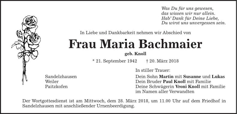 Traueranzeige Maria Bachmaier