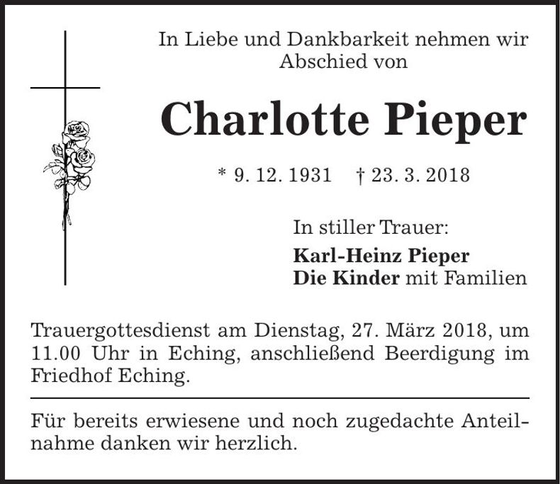 Traueranzeige Charlotte Pieper
