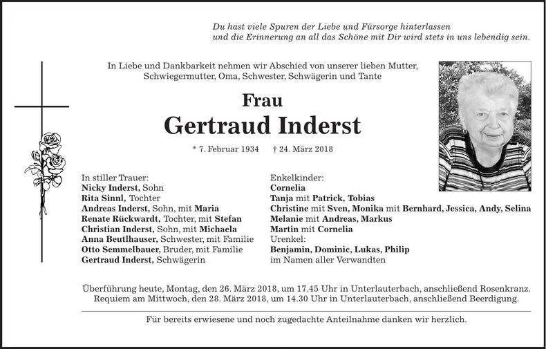 Traueranzeige Gertraud Inderst