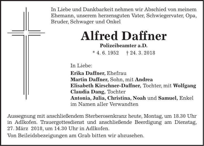 Traueranzeige Alfred Daffner