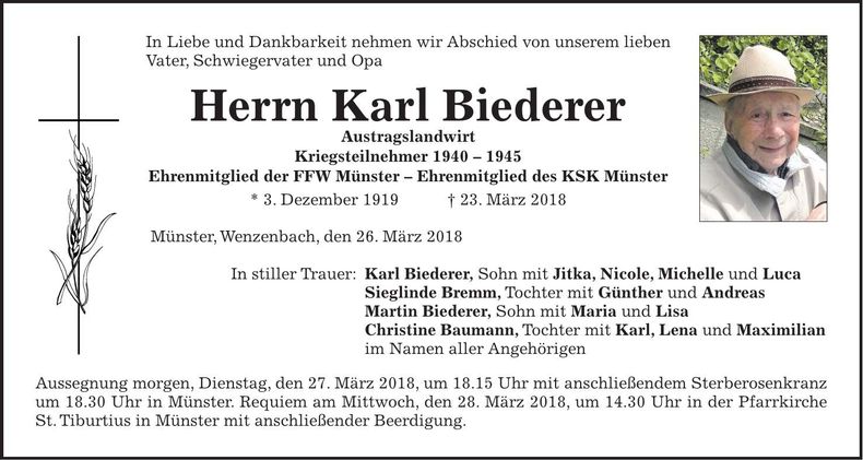 Traueranzeige Karl Biederer