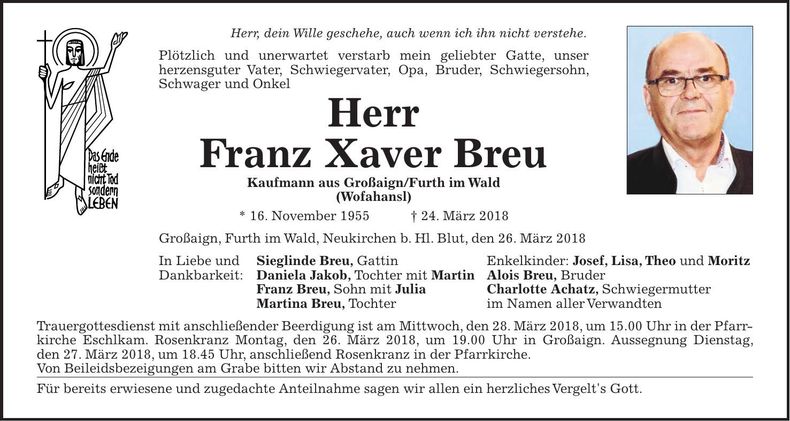 Traueranzeige Franz Xaver Breu
