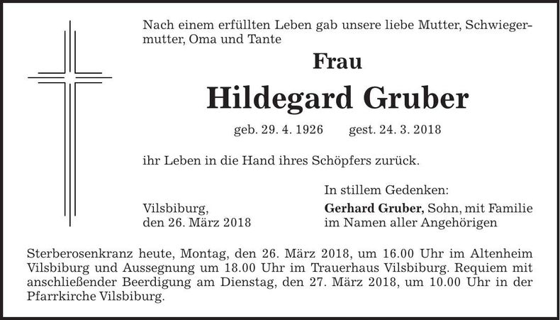 Traueranzeige Hildegard Gruber