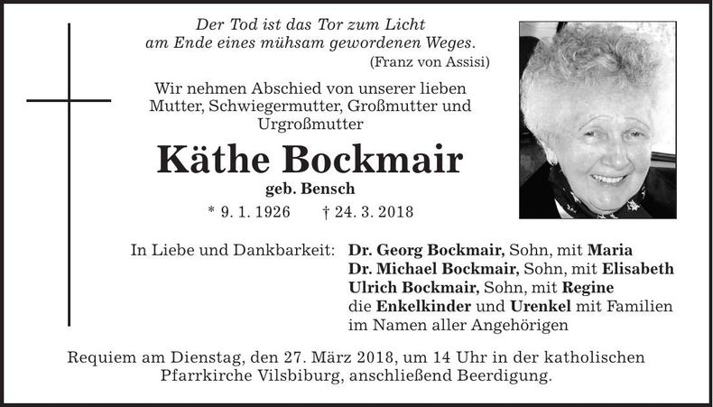 Traueranzeige Käthe Bockmair