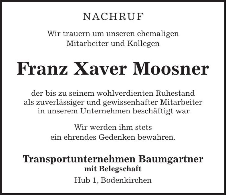 Traueranzeige Franz-Xaver Moosner