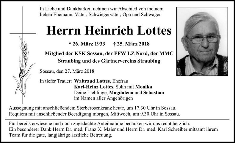 Traueranzeige Heinrich Lottes