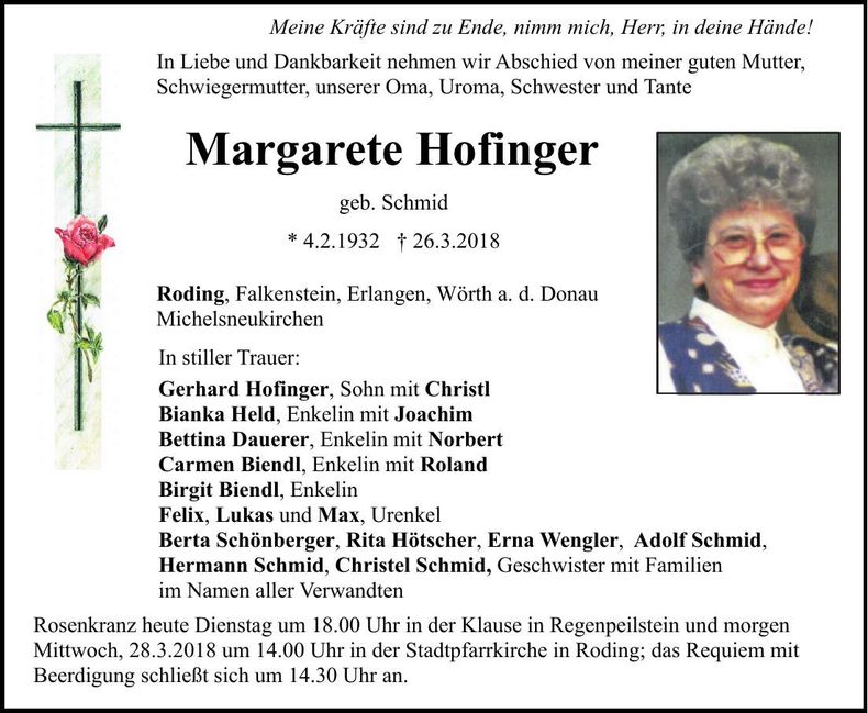 Traueranzeige Margarete Hofinger