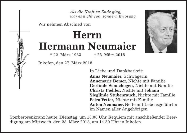 Traueranzeige Hermann Neumaier