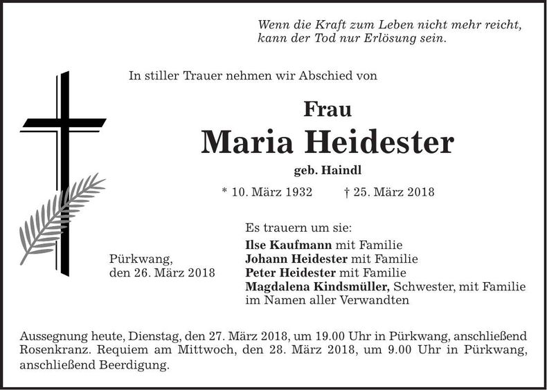 Traueranzeige Maria Heidester