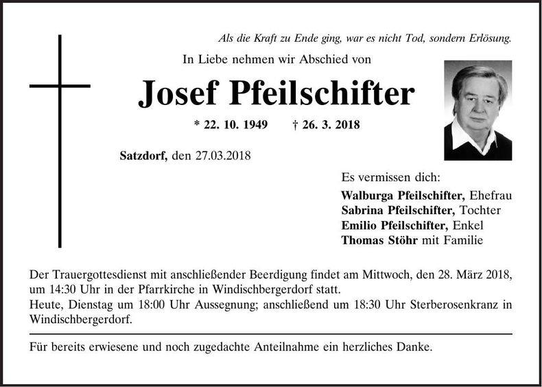 Traueranzeige Josef Pfeilschifter