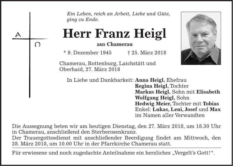 Traueranzeige Franz Heigl